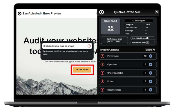 Detalle de incidencias en Eye-Able Audit